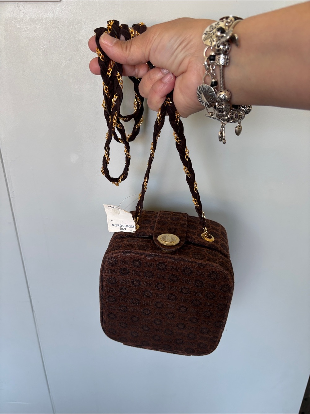Martinez Valero Dark Brown Quilted Mini Crossbody with Braided Chain Strap 1990s